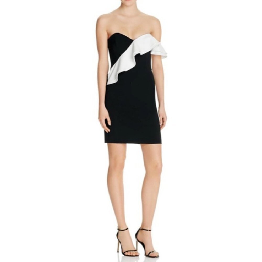 Parker IMANI Black White Ruffle Off-Shoulder Strapless Dress Size Small